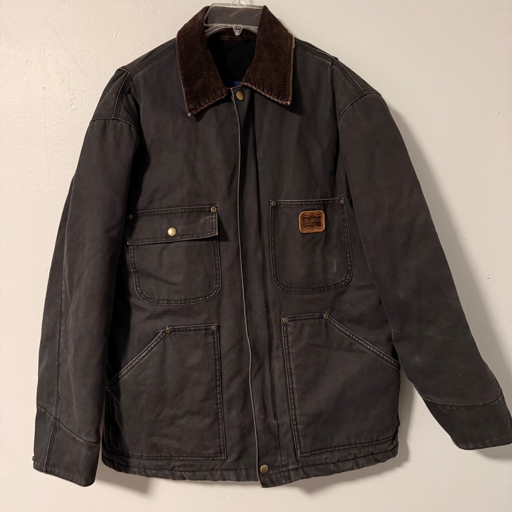 Big Smith Mens Chore Barn Jacket Coat Faded Distressed Charcoal Gray Corduroy